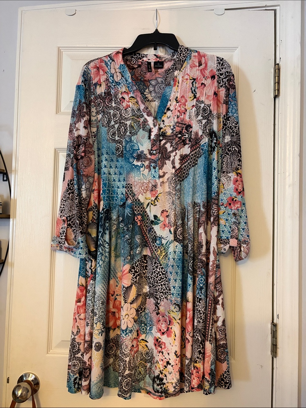 new directions Floral Patchwork V-Neck Midi Dress - Pink & Blue